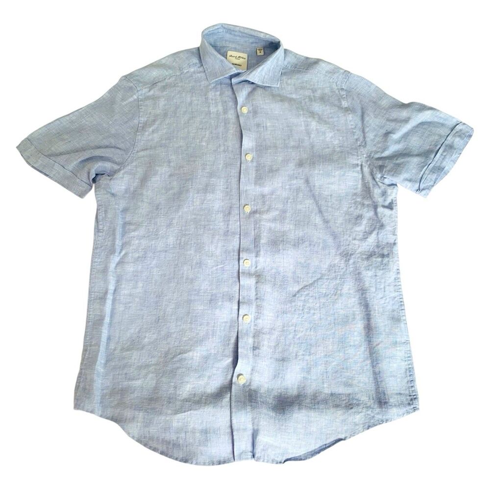 Baird McNutt Murano Shirt Men S Blue 100% Linen Short Sleeve Button-Up Classic